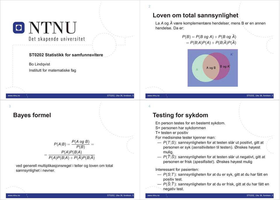 Ā) ved generell multiplikasjonsregel i teller og loven om total sannsynlighet i nevner. 4 Testing for sykdom En person testes for en bestemt sykdom.