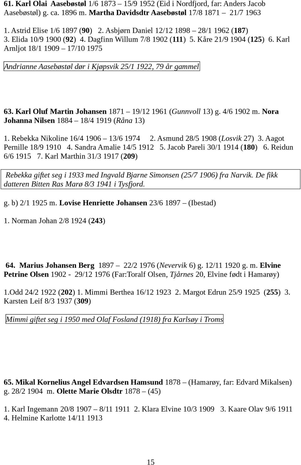 Karl Arnljot 18/1 1909 17/10 1975 Andrianne Aasebøstøl dør i Kjøpsvik 25/1 1922, 79 år gammel 63. Karl Oluf Martin Johansen 1871 19/12 1961 (Gunnvoll 13) g. 4/6 1902 m.