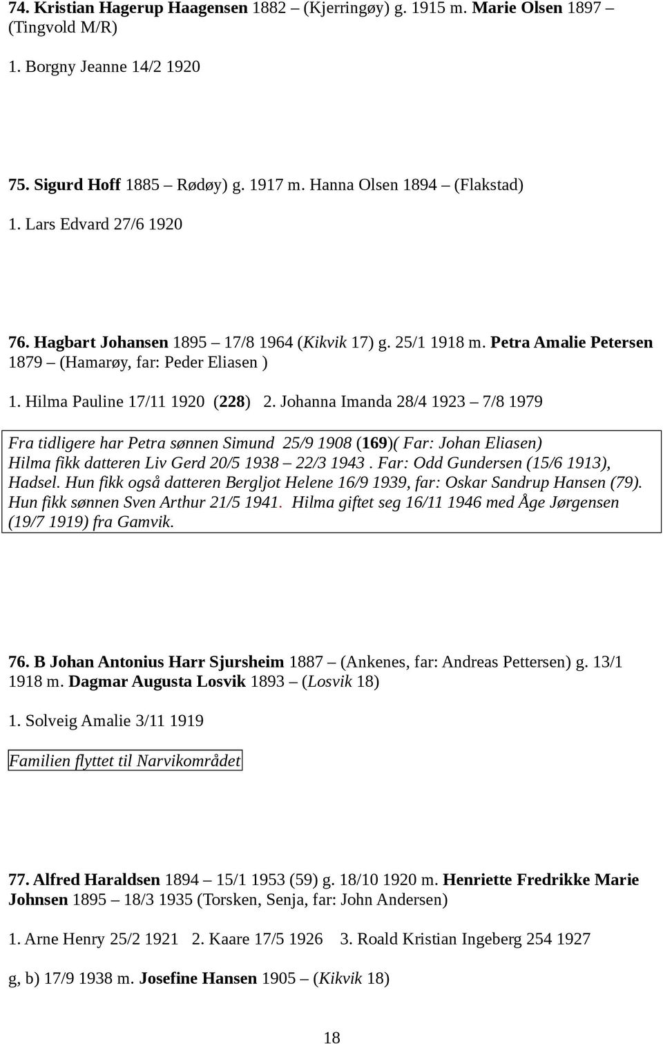 Johanna Imanda 28/4 1923 7/8 1979 Fra tidligere har Petra sønnen Simund 25/9 1908 (169)( Far: Johan Eliasen) Hilma fikk datteren Liv Gerd 20/5 1938 22/3 1943. Far: Odd Gundersen (15/6 1913), Hadsel.