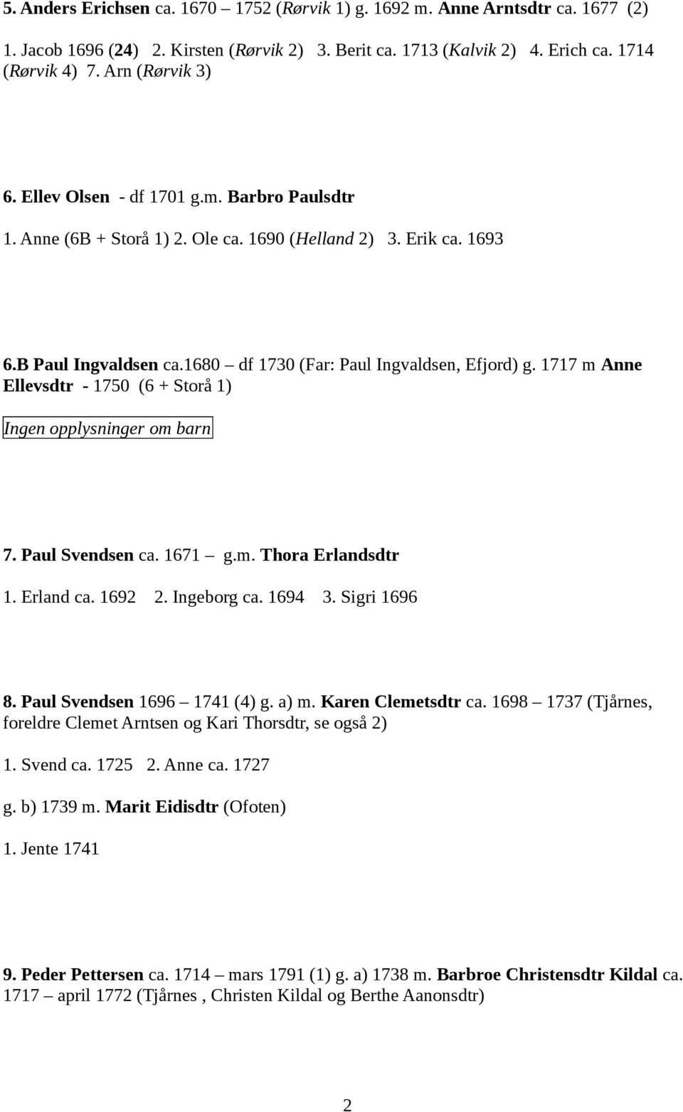 1717 m Anne Ellevsdtr - 1750 (6 + Storå 1) Ingen opplysninger om barn 7. Paul Svendsen ca. 1671 g.m. Thora Erlandsdtr 1. Erland ca. 1692 2. Ingeborg ca. 1694 3. Sigri 1696 8.