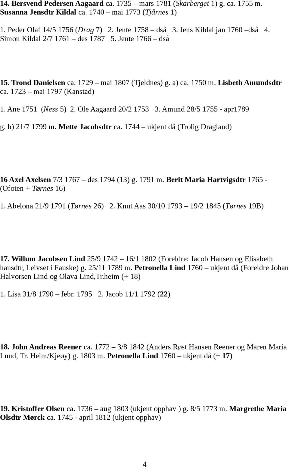 Ane 1751 (Ness 5) 2. Ole Aagaard 20/2 1753 3. Amund 28/5 1755 - apr1789 g. b) 21/7 1799 m. Mette Jacobsdtr ca. 1744 ukjent då (Trolig Dragland) 16 Axel Axelsen 7/3 1767 des 1794 (13) g. 1791 m.