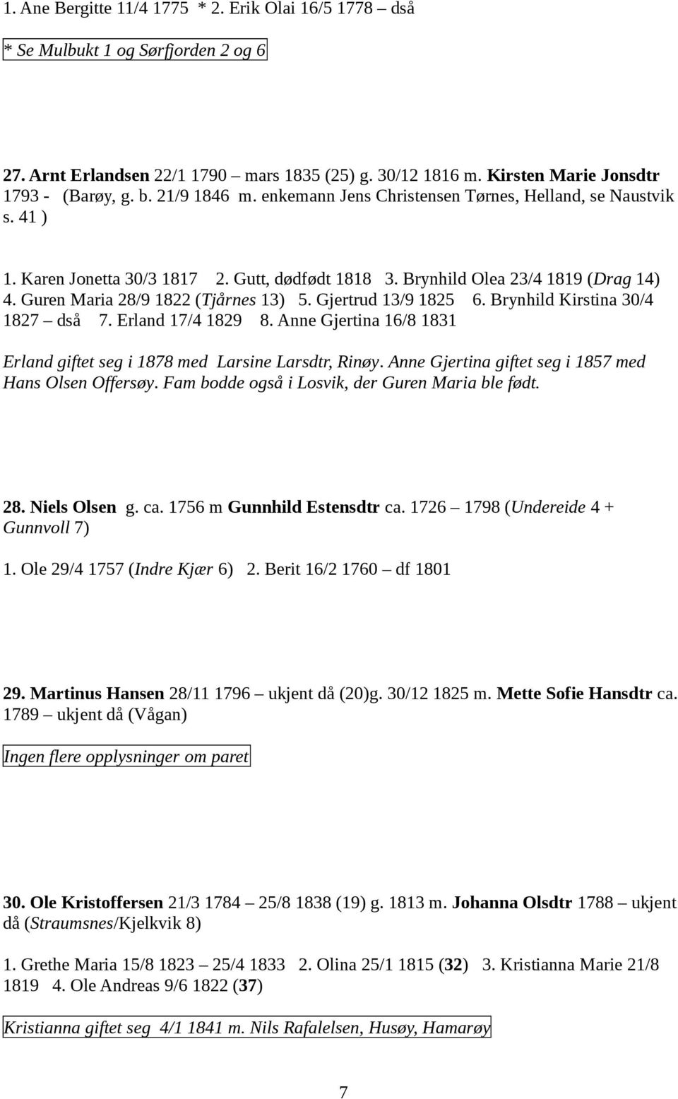 Guren Maria 28/9 1822 (Tjårnes 13) 5. Gjertrud 13/9 1825 6. Brynhild Kirstina 30/4 1827 dså 7. Erland 17/4 1829 8. Anne Gjertina 16/8 1831 Erland giftet seg i 1878 med Larsine Larsdtr, Rinøy.