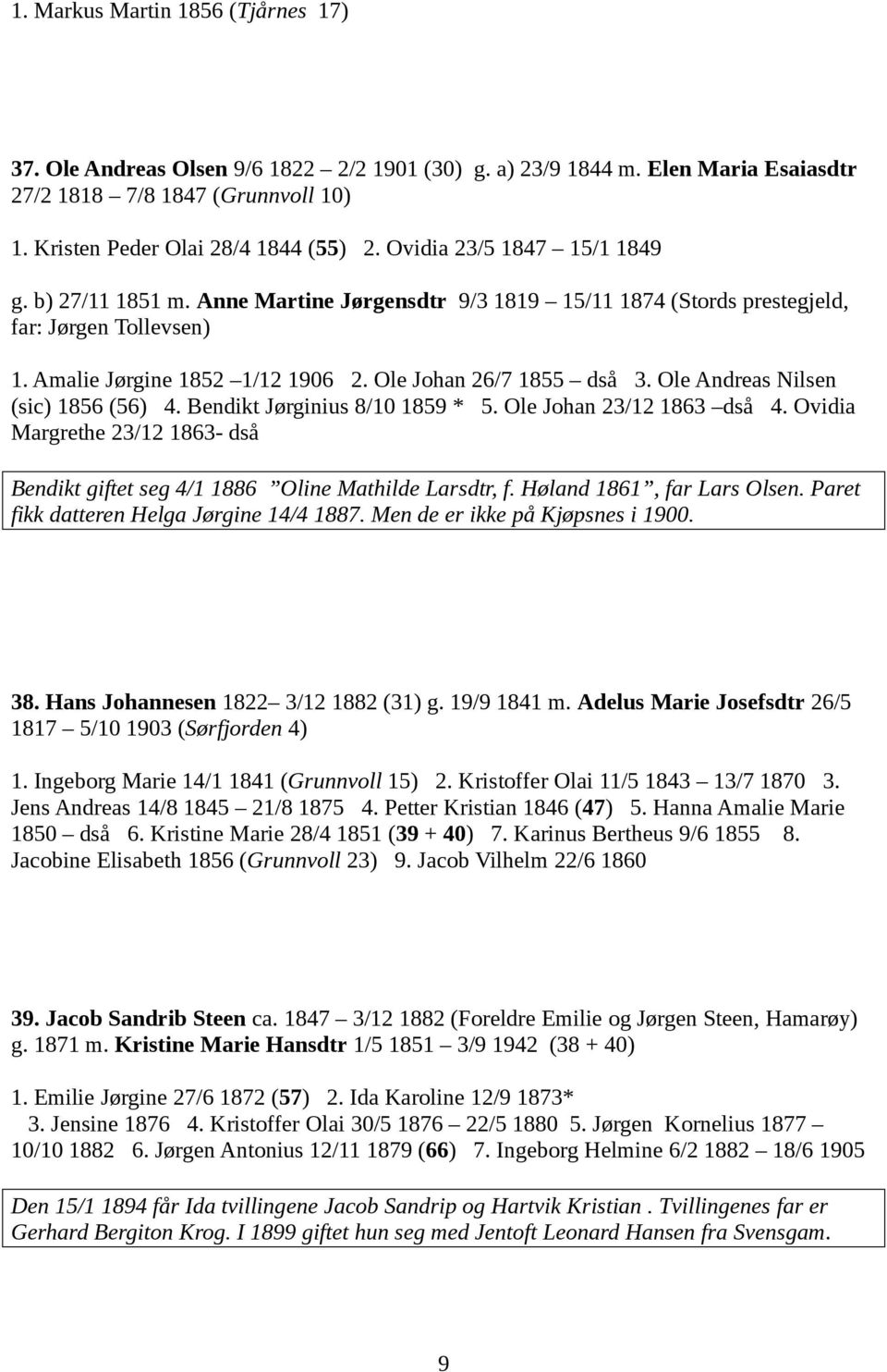 Ole Andreas Nilsen (sic) 1856 (56) 4. Bendikt Jørginius 8/10 1859 * 5. Ole Johan 23/12 1863 dså 4. Ovidia Margrethe 23/12 1863- dså Bendikt giftet seg 4/1 1886 Oline Mathilde Larsdtr, f.