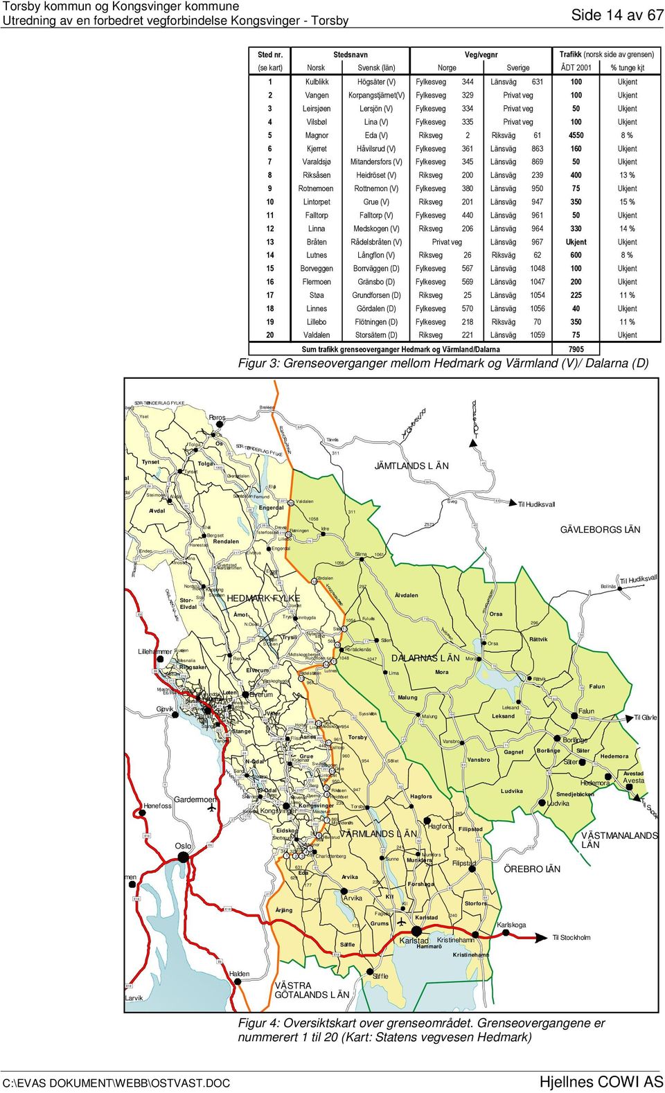 "#$" Figur 3: Grenseoverganger mellom Hedmark og Värmland (V)/ Dalarna (D) SØR-TRØNDERLAG FYLKE Ulsberg Folldal Folldal Drammen E18 Yset 3 Tynset 29 Steimoen E16 Alvdal 4 3 Alvdal 30 E6 1900