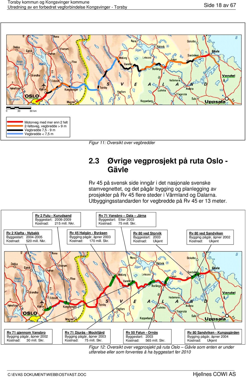 Dalarna. Utbyggingsstandarden for vegbredde på Rv 45 er 13 meter. Rv 2 Fulu - Kurudsand Byggestart: 2006-2009 Kostnad: 215 mill. Nkr. Rv 71 Vansbro Dala Järna Byggestart: Etter 2003 Kostnad: 75 mill.