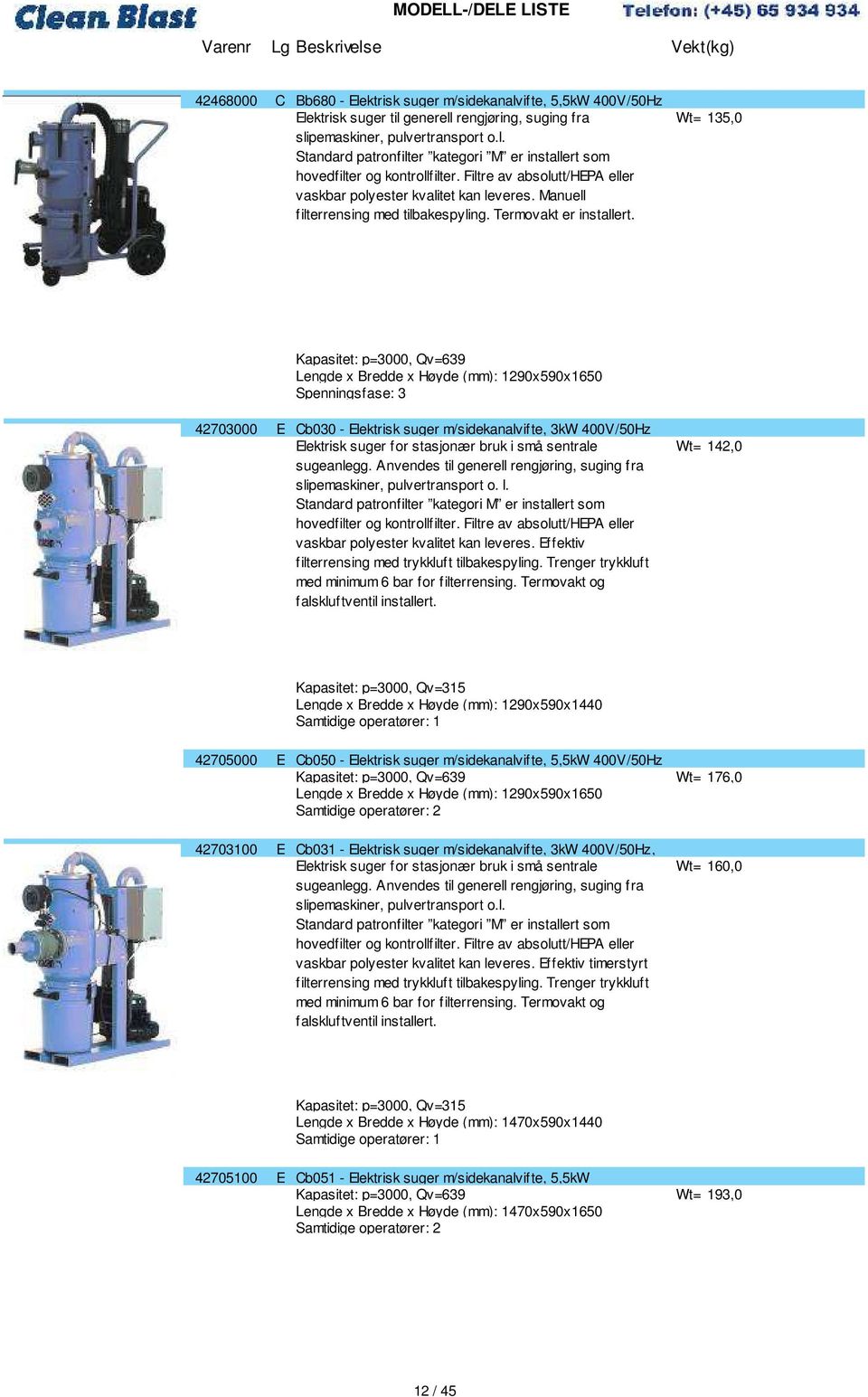 Wt= 135,0 62 Kapasitet: p=3000, Qv=639 54 Lengde x Bredde x Høyde (mm): 1290x590x1650 ## Spenningsfase: 3 15069 42703000 E Cb030 - Elektrisk suger m/sidekanalvifte, 3kW 400V/50Hz Elektrisk suger for