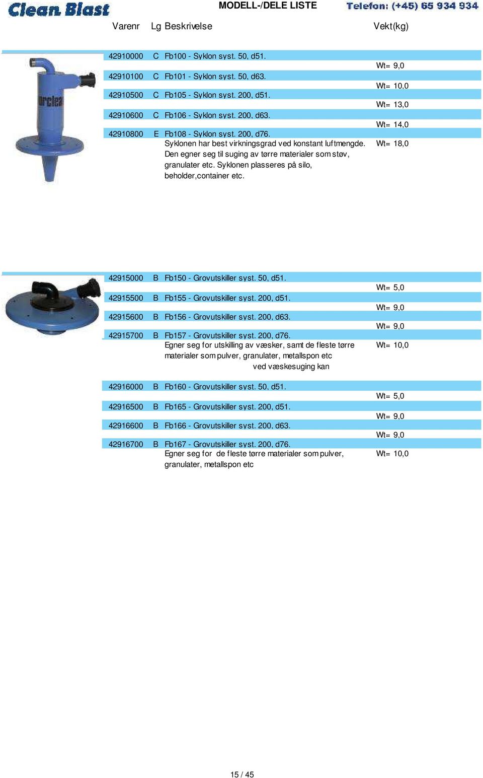 Syklonen plasseres på silo, beholder,container etc. Wt= 9,0 Wt= 10,0 Wt= 13,0 Wt= 14,0 Wt= 18,0 11961 42915000 B Fb150 - Grovutskiller syst. 50, d51. 42915500 B Fb155 - Grovutskiller syst. 200, d51.