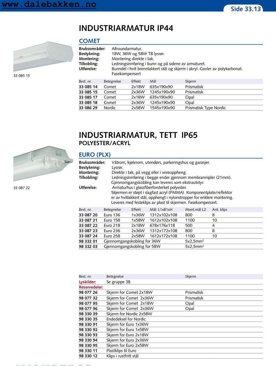 Fasekompensert Effekt Mål Skjerm 33 085 14 Comet 2x18W 635x190x90 Prismatisk 33 085 15 Comet 2x36W 1245x190x90 Prismatisk 33 085 17 Comet 2x18W 635x190x90 Opal 33 085 18 Comet 2x36W 1245x190x90 Opal