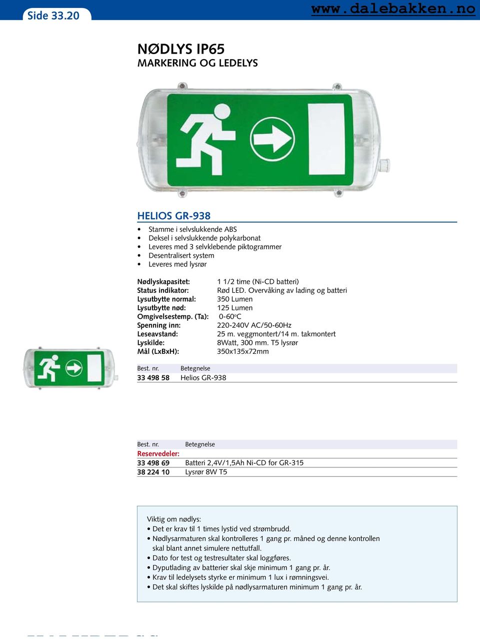Nødlyskapasitet: Status indikator: Lysutbytte normal: Lysutbytte nød: Omgivelsestemp. (Ta): Spenning inn: Leseavstand: Lyskilde: Mål (LxBxH): 1 1/2 time (Ni-CD batteri) Rød LED.