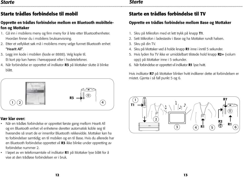 Et kort pip kan høres i høreapparat eller i hodetelefoner. 4. Når forbindelse er opprettet vil indikator R3 på Mottaker slutte å blinke blått.