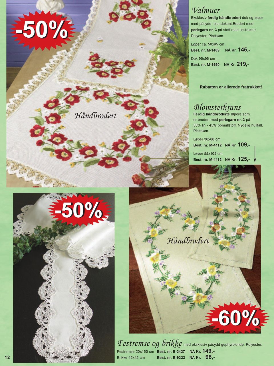 Håndbrodert Blomsterkrans Ferdig håndbroderte løpere som er brodert med perlegarn nr. 3 på 55% lin - 45% bomullstoff. Nydelig hullfall. Plattsøm. Løper 38x88 cm Best. nr. M-4112 NÅ Kr.