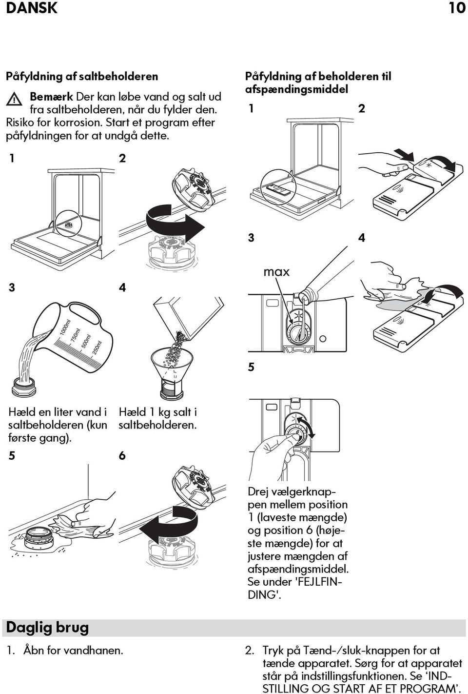Påfyldning af beholderen til afspændingsmiddel 1 2 1 2 3 4 3 4 5 Hæld en liter vand i saltbeholderen (kun første gang). 5 6 Hæld 1 kg salt i saltbeholderen.