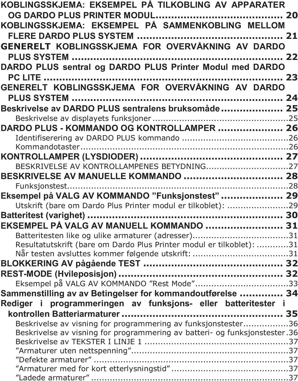 .. 23 GENERELT KOBLINGSSKJEMA FOR OVERVÅKNING AV DARDO PLUS SYSTEM... 24 Beskrivelse av DARDO PLUS sentralens bruksomåde... 25 Beskrivelse av displayets funksjoner.