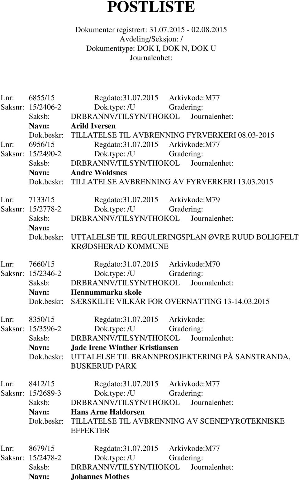 07.2015 Arkivkode:M79 Saksnr: 15/2778-2 Dok.type: /U Gradering: Saksb: DRBRANNV/TILSYN/THOKOL Navn: Dok.