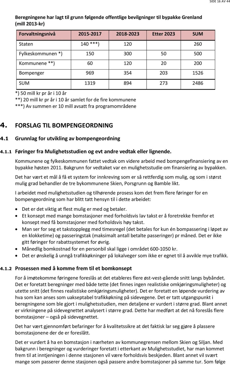 ***) Av summen er 10 mill avsatt fra programområdene 4. FORSLAG TIL BOMPENGEORDNING 4.1 Grunnlag for utvikling av bompengeordning 4.1.1 Føringer fra Mulighetsstudien og evt andre vedtak eller lignende.