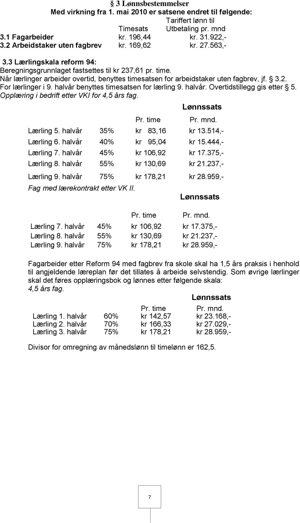 Når lærlinger arbeider overtid, benyttes timesatsen for arbeidstaker uten fagbrev, jf. 3.2. For lærlinger i 9. halvår benyttes timesatsen for lærling 9. halvår. Overtidstillegg gis etter 5.