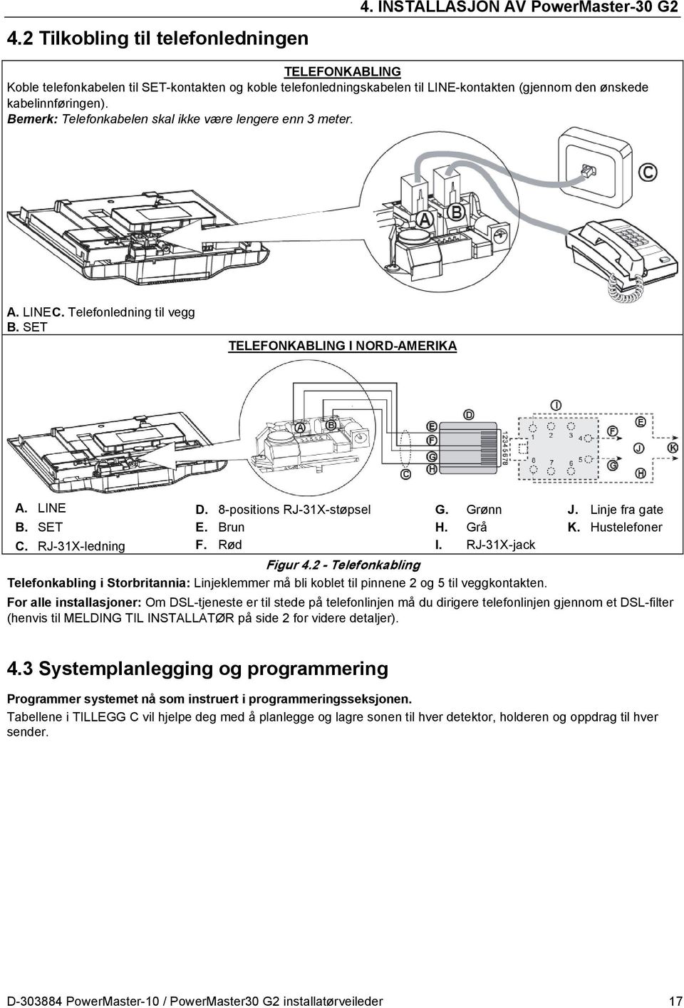 Bemerk: Telefonkabelen skal ikke være lengere enn 3 meter. A. LINE C. Telefonledning til vegg B. SET TELEFONKABLING I NORD-AMERIKA A. LINE B. SET C. RJ-31X-ledning D. 8-positions RJ-31X-støpsel E.