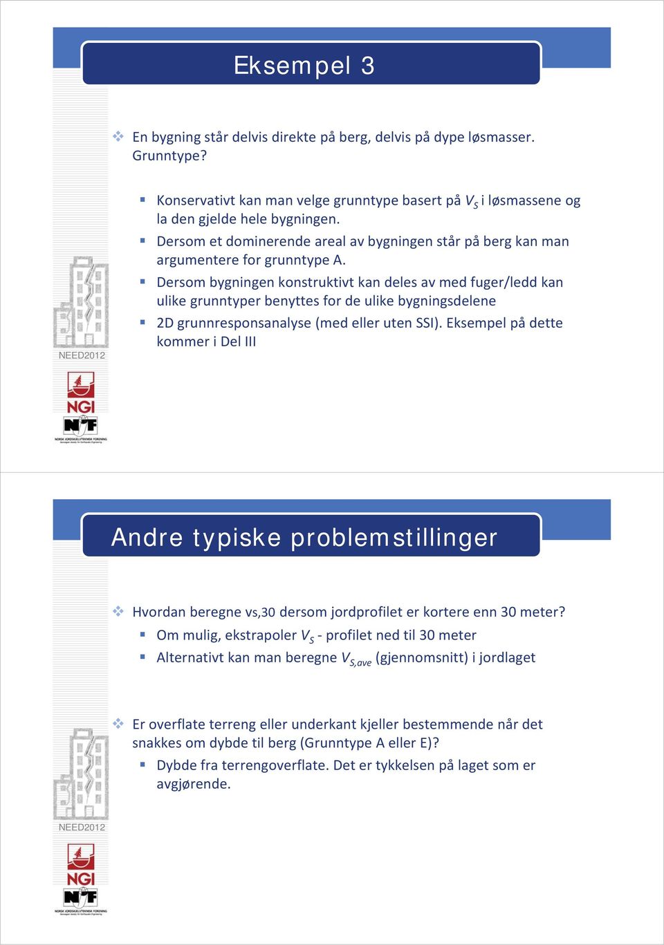 Dersom bygningen konstruktivt kan deles av med fuger/ledd kan ulike grunntyper benyttes for de ulike bygningsdelene 2D grunnresponsanalyse (med eller uten SSI).