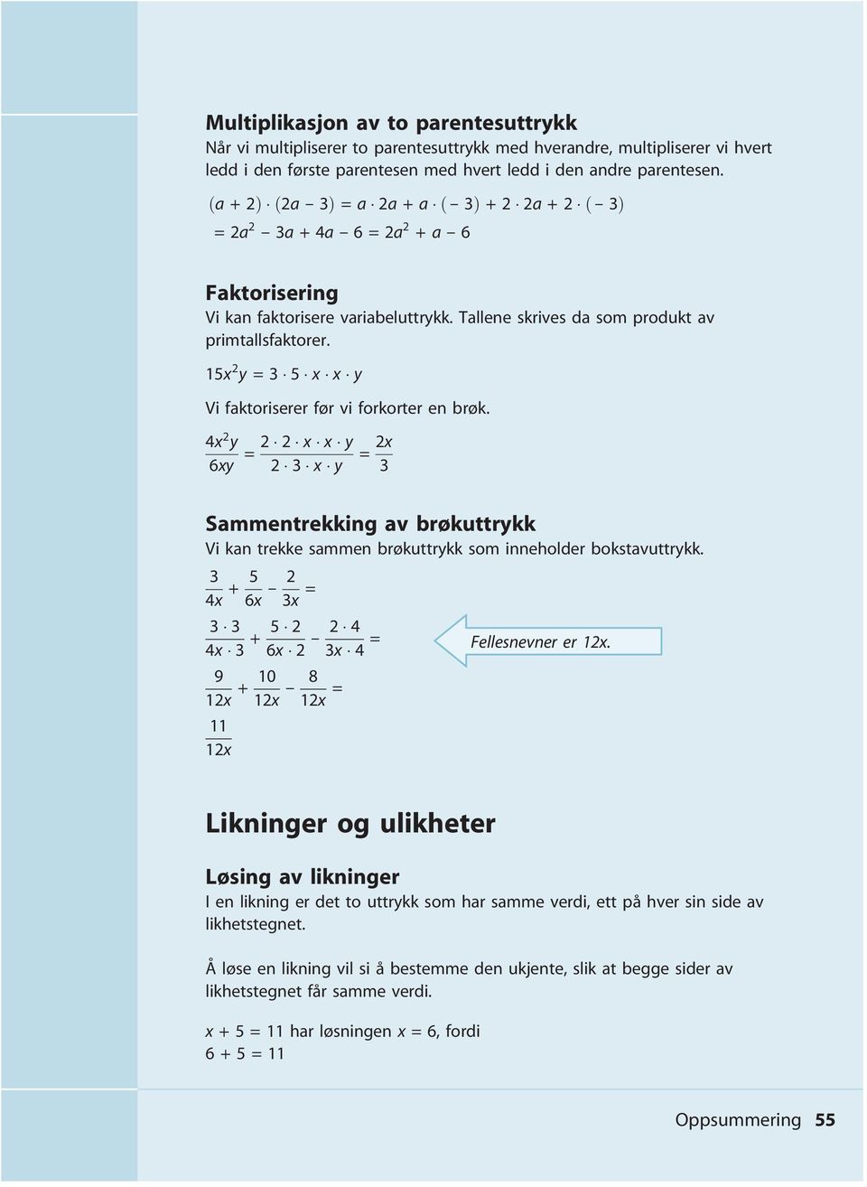 15x 2 y = 5 x x y Vi faktoriserer før vi forkorter en brøk. 4x 2 y 6xy = 2 2 x x y = 2x 2 x y Sammentrekking av brøkuttrykk Vi kan trekke sammen brøkuttrykk som inneholder bokstavuttrykk.