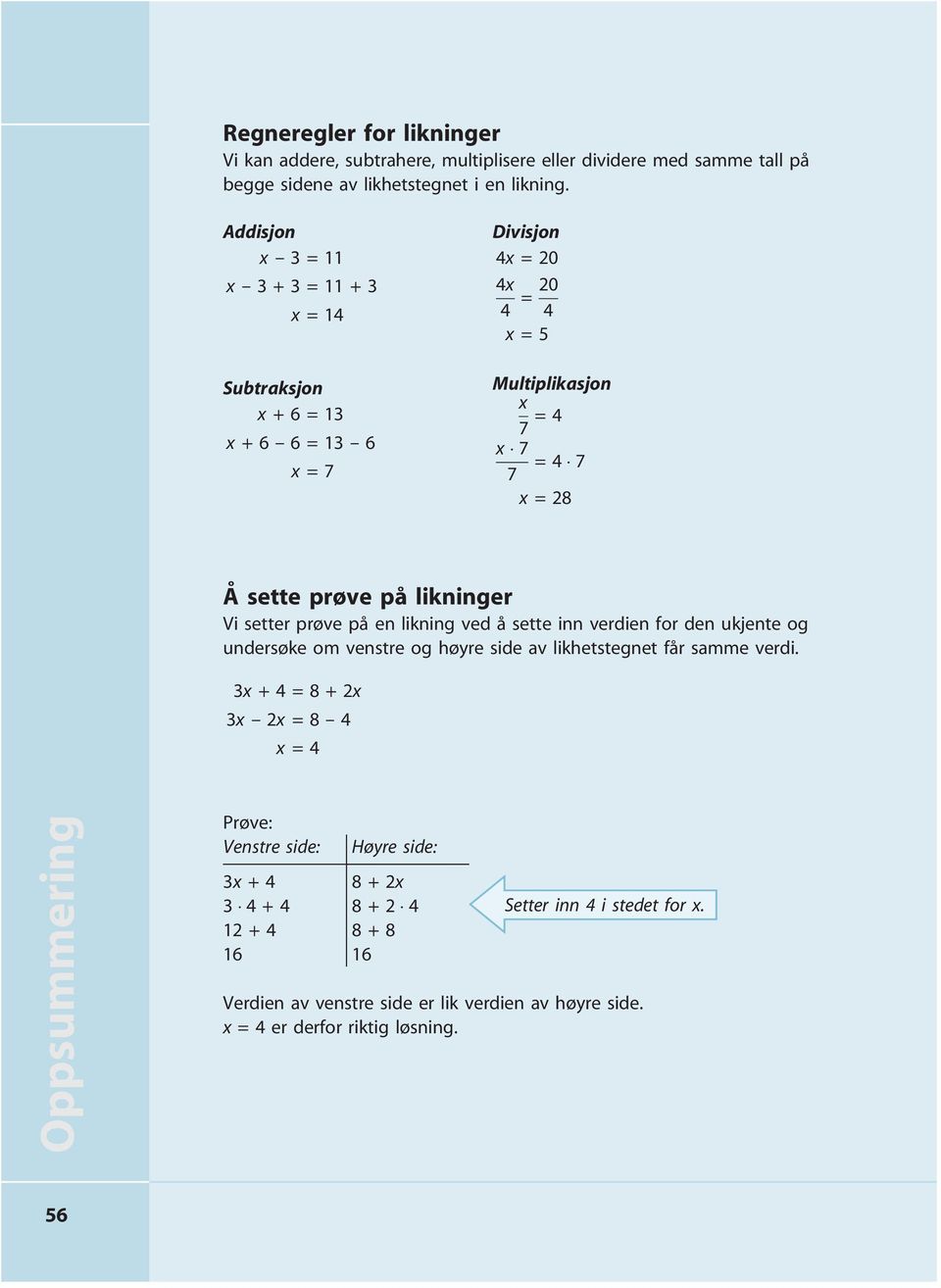 prøve på likninger Vi setter prøve på en likning ved å sette inn verdien for den ukjente og undersøke om venstre og høyre side av likhetstegnet får samme verdi.