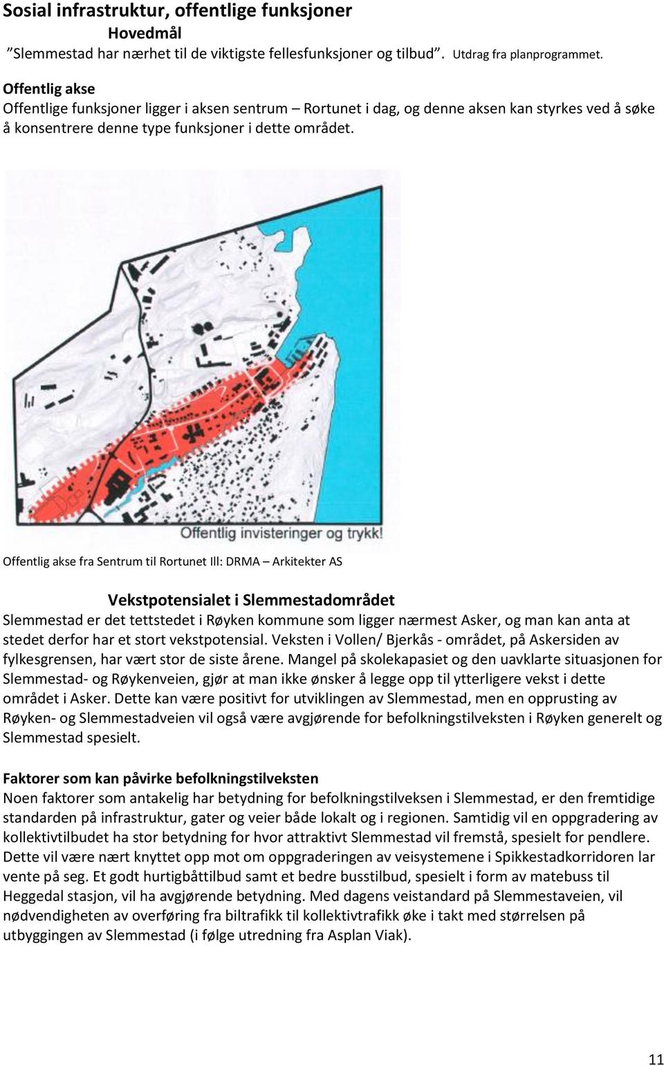 Offentlig akse fra Sentrum til Rortunet Ill: DRMA Arkitekter AS Vekstpotensialet i Slemmestadområdet Slemmestad er det tettstedet i Røyken kommune som ligger nærmest Asker, og man kan anta at stedet