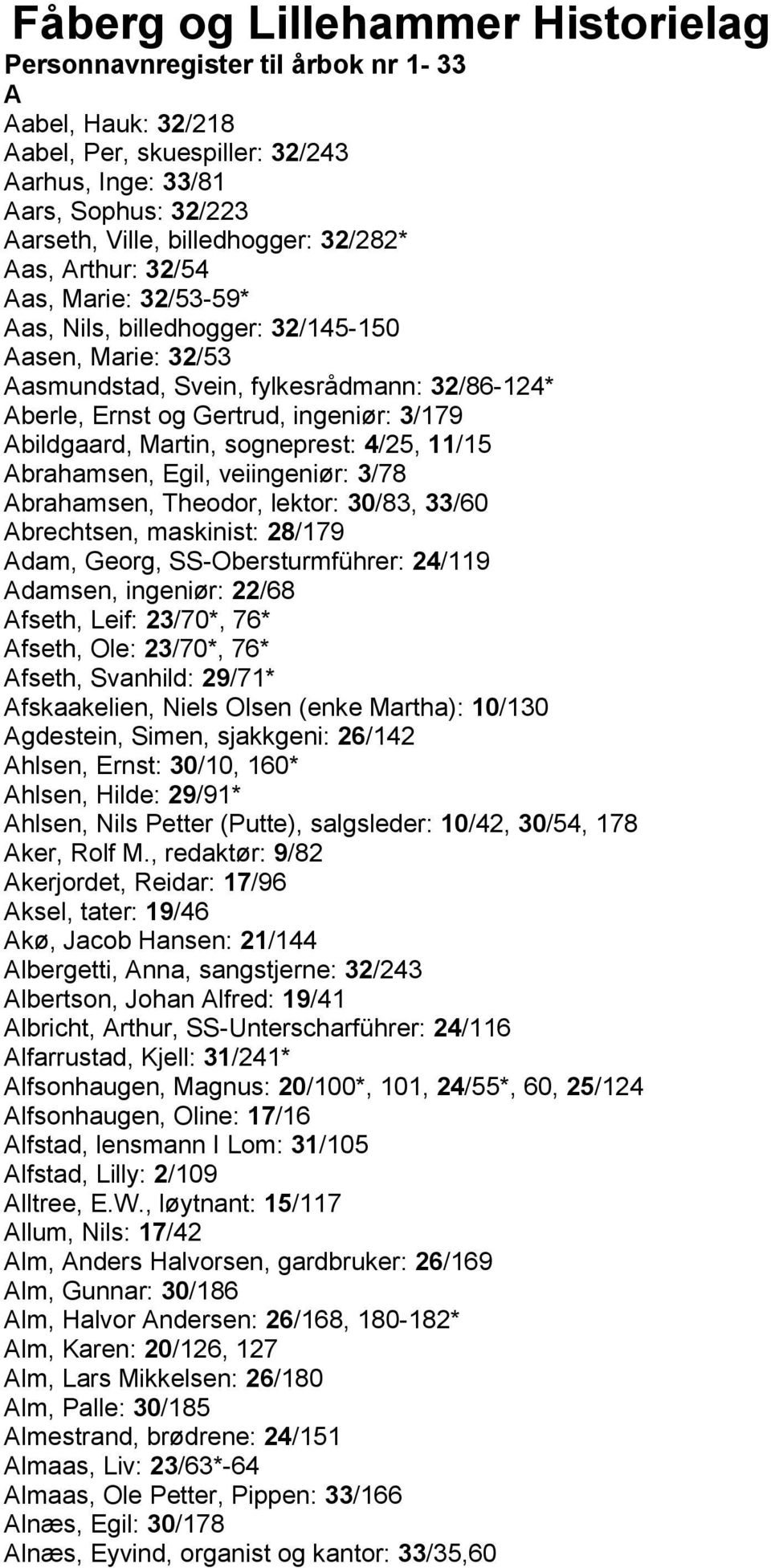 Abildgaard, Martin, sogneprest: 4/25, 11/15 Abrahamsen, Egil, veiingeniør: 3/78 Abrahamsen, Theodor, lektor: 30/83, 33/60 Abrechtsen, maskinist: 28/179 Adam, Georg, SS-Obersturmführer: 24/119