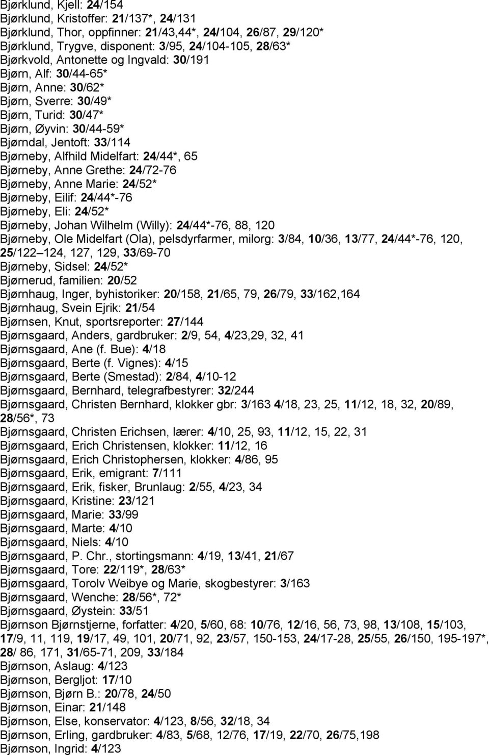 24/44*, 65 Bjørneby, Anne Grethe: 24/72-76 Bjørneby, Anne Marie: 24/52* Bjørneby, Eilif: 24/44*-76 Bjørneby, Eli: 24/52* Bjørneby, Johan Wilhelm (Willy): 24/44*-76, 88, 120 Bjørneby, Ole Midelfart