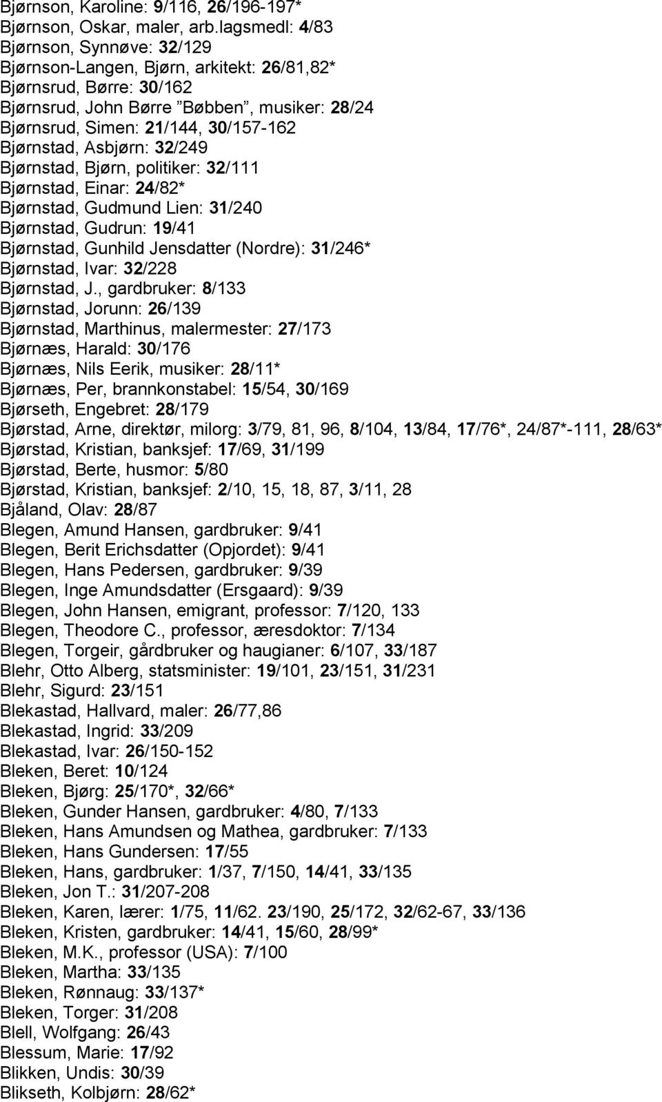 Bjørnstad, Asbjørn: 32/249 Bjørnstad, Bjørn, politiker: 32/111 Bjørnstad, Einar: 24/82* Bjørnstad, Gudmund Lien: 31/240 Bjørnstad, Gudrun: 19/41 Bjørnstad, Gunhild Jensdatter (Nordre): 31/246*