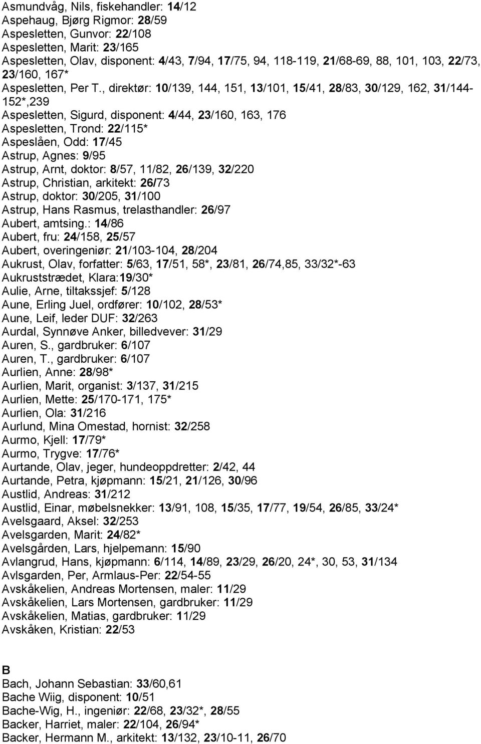 , direktør: 10/139, 144, 151, 13/101, 15/41, 28/83, 30/129, 162, 31/144-152*,239 Aspesletten, Sigurd, disponent: 4/44, 23/160, 163, 176 Aspesletten, Trond: 22/115* Aspeslåen, Odd: 17/45 Astrup,