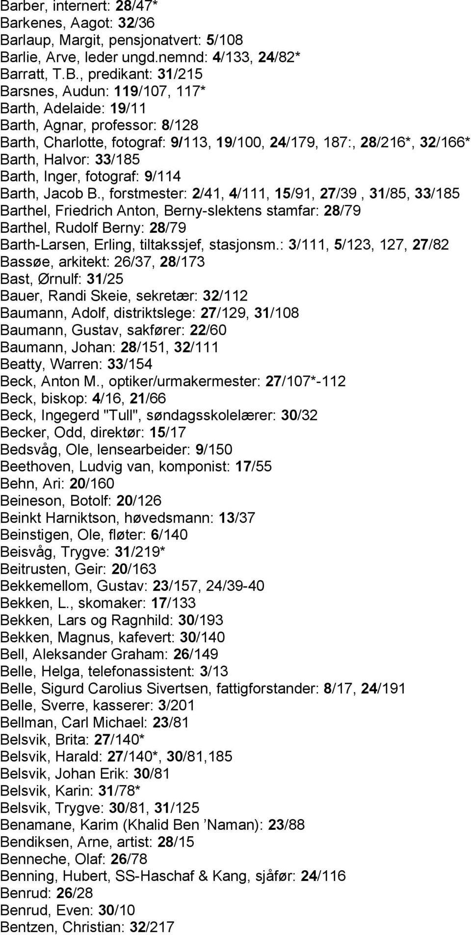 , forstmester: 2/41, 4/111, 15/91, 27/39, 31/85, 33/185 Barthel, Friedrich Anton, Berny-slektens stamfar: 28/79 Barthel, Rudolf Berny: 28/79 Barth-Larsen, Erling, tiltakssjef, stasjonsm.