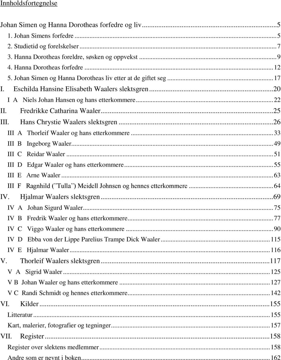 .. 22 II. Fredrikke Catharina Waaler... 25 III. Hans Chrystie Waalers slektsgren... 26 III A Thorleif Waaler og hans etterkommere... 33 III B Ingeborg Waaler... 49 III C Reidar Waaler.