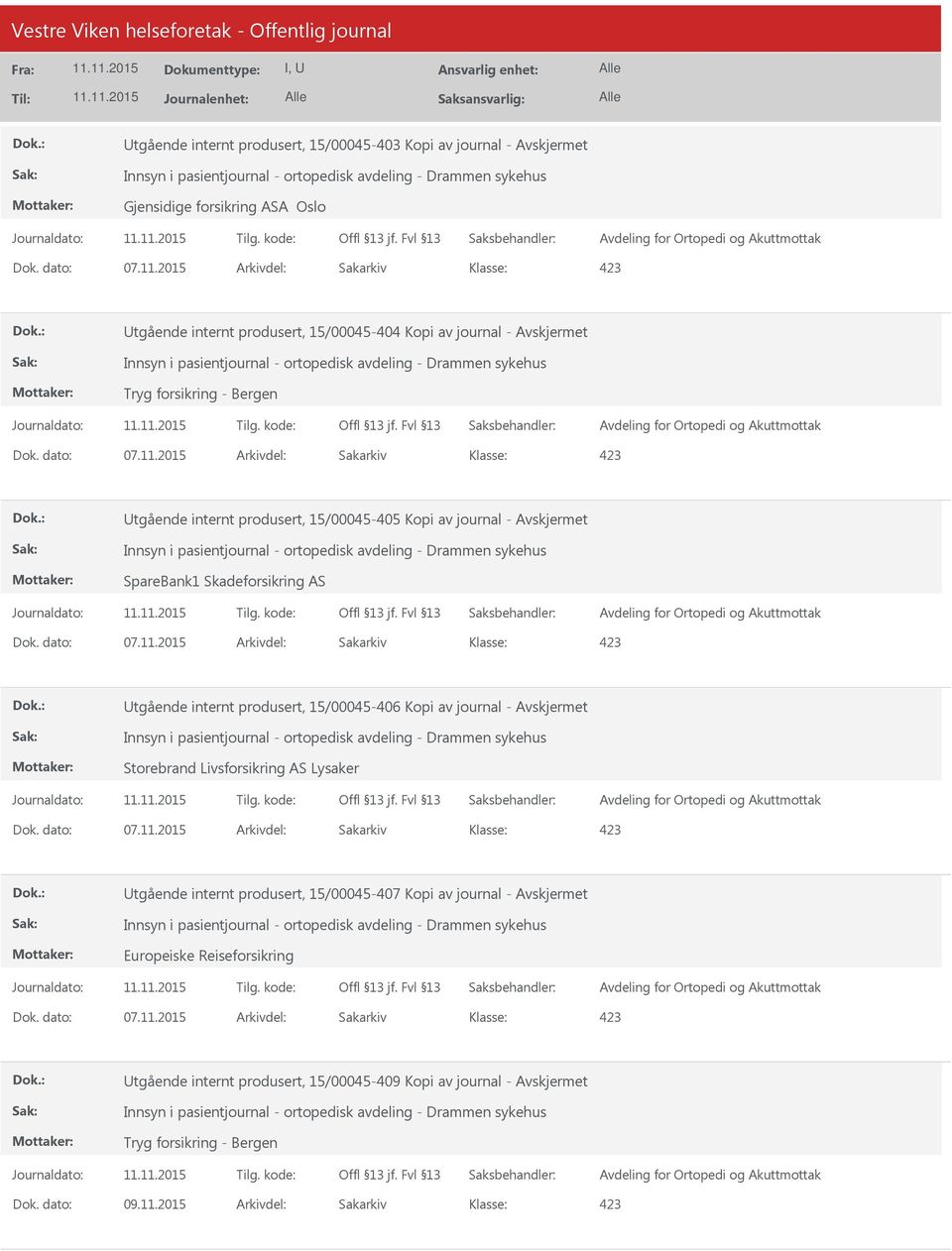 2015 Arkivdel: Sakarkiv tgående internt produsert, 15/00045-405 Kopi av journal - Innsyn i pasientjournal - ortopedisk avdeling - Drammen sykehus SpareBank1 Skadeforsikring AS Dok. dato: 07.11.