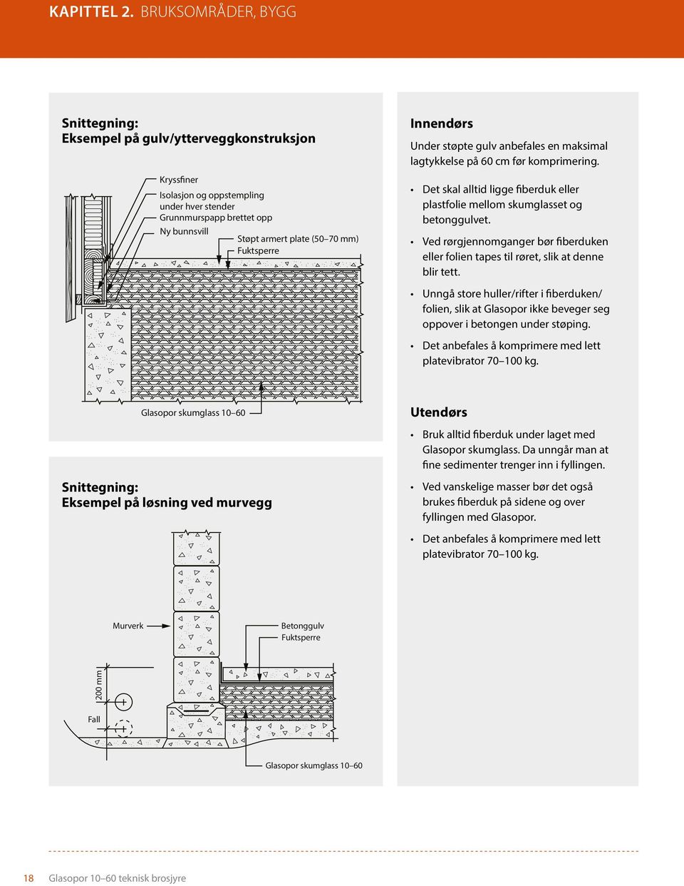 Fuktsperre Innendørs Under støpte gulv anbefales en maksimal lagtykkelse på 60 cm før komprimering. Det skal alltid ligge fiberduk eller plastfolie mellom skumglasset og betonggulvet.