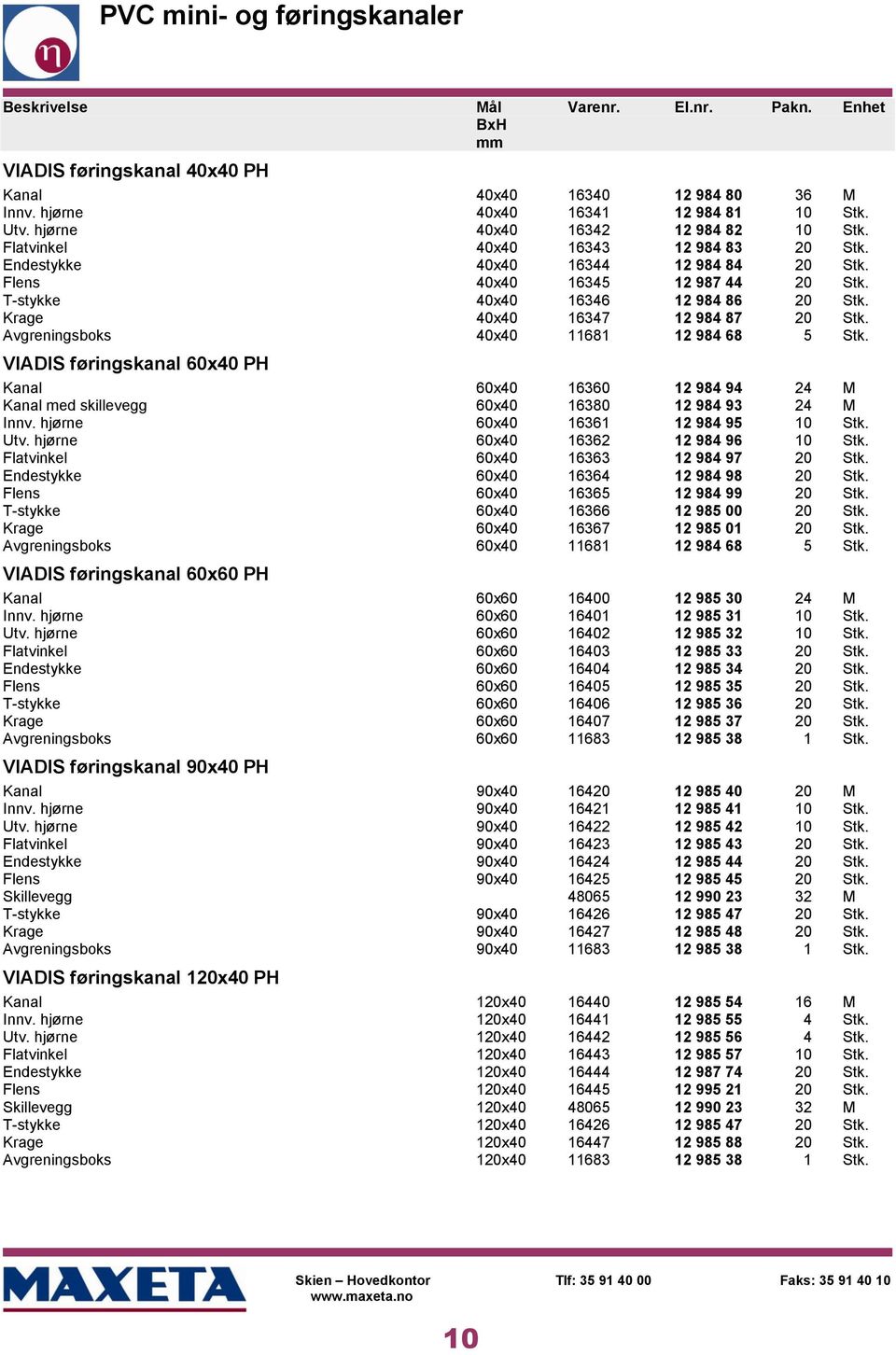 Krage 40x40 16347 12 984 87 20 Stk. Avgreningsboks 40x40 11681 12 984 68 5 Stk. VIADIS føringskanal 60x40 PH Kanal 60x40 16360 12 984 94 24 M Kanal med skillevegg 60x40 16380 12 984 93 24 M Innv.