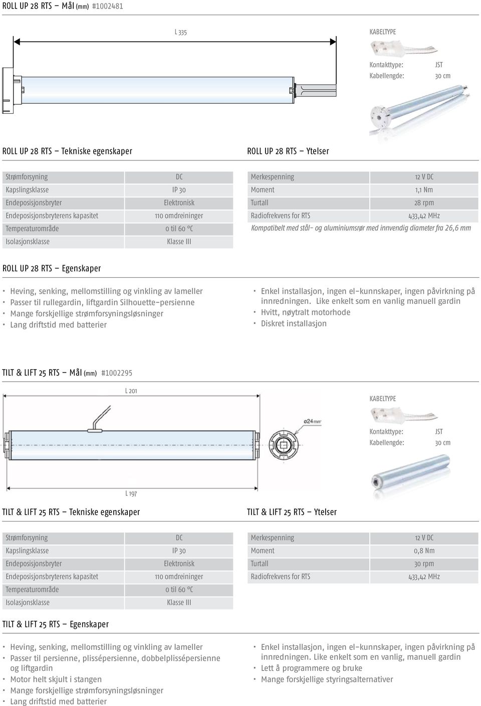 Radiofrekvens for RTS 433,42 Hz Kompatibelt med stål- og aluminiumsrør med innvendig diameter fra 26,6 mm Roll up 28 RTS Egenskaper Heving, senking, mellomstilling og vinkling av lameller Passer til