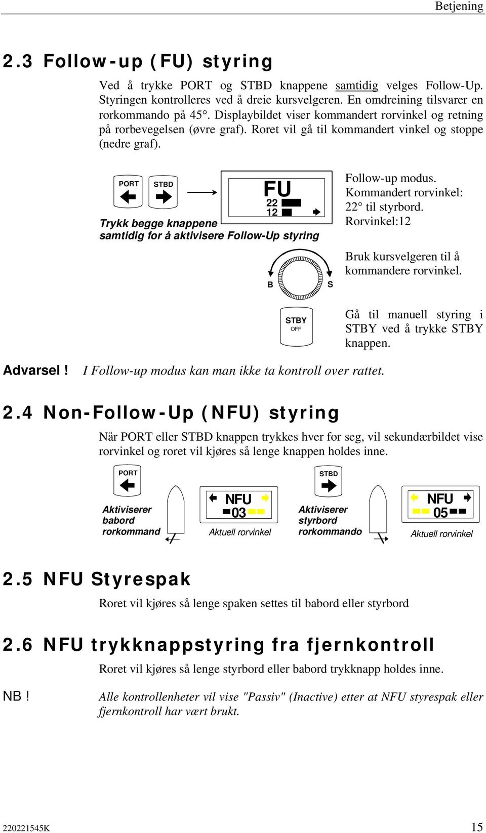 PORT STBD FU 22 12 Trykk begge knappene samtidig for å aktivisere Follow-Up styring B S Follow-up modus. Kommandert rorvinkel: 22 til styrbord.