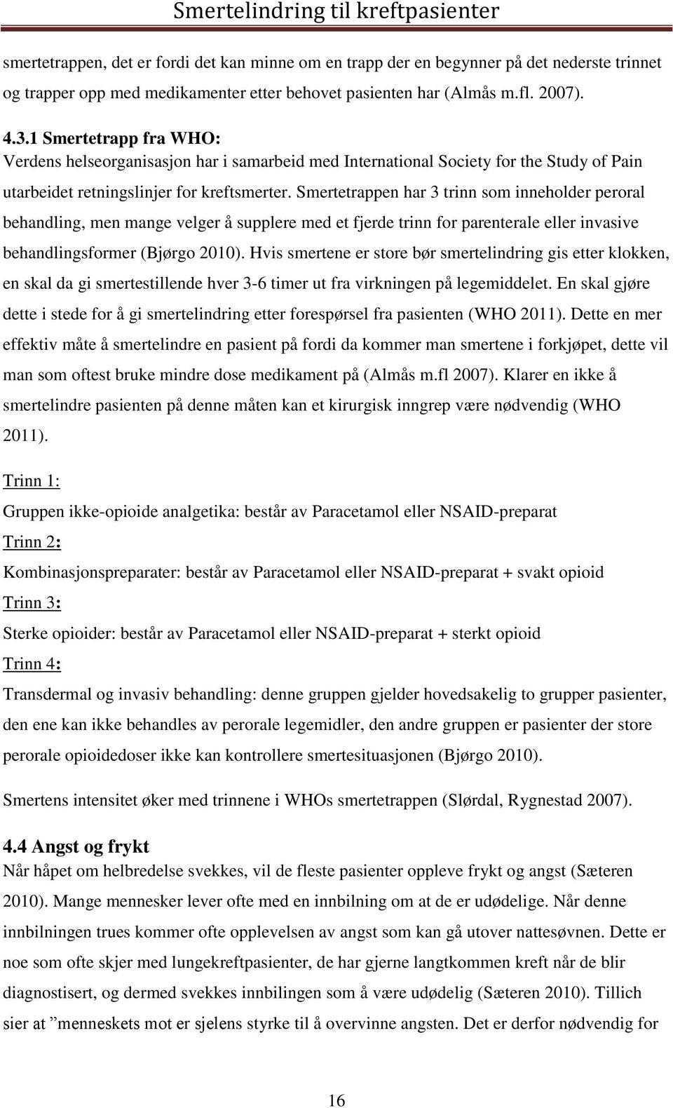 Smertetrappen har 3 trinn som inneholder peroral behandling, men mange velger å supplere med et fjerde trinn for parenterale eller invasive behandlingsformer (Bjørgo 2010).