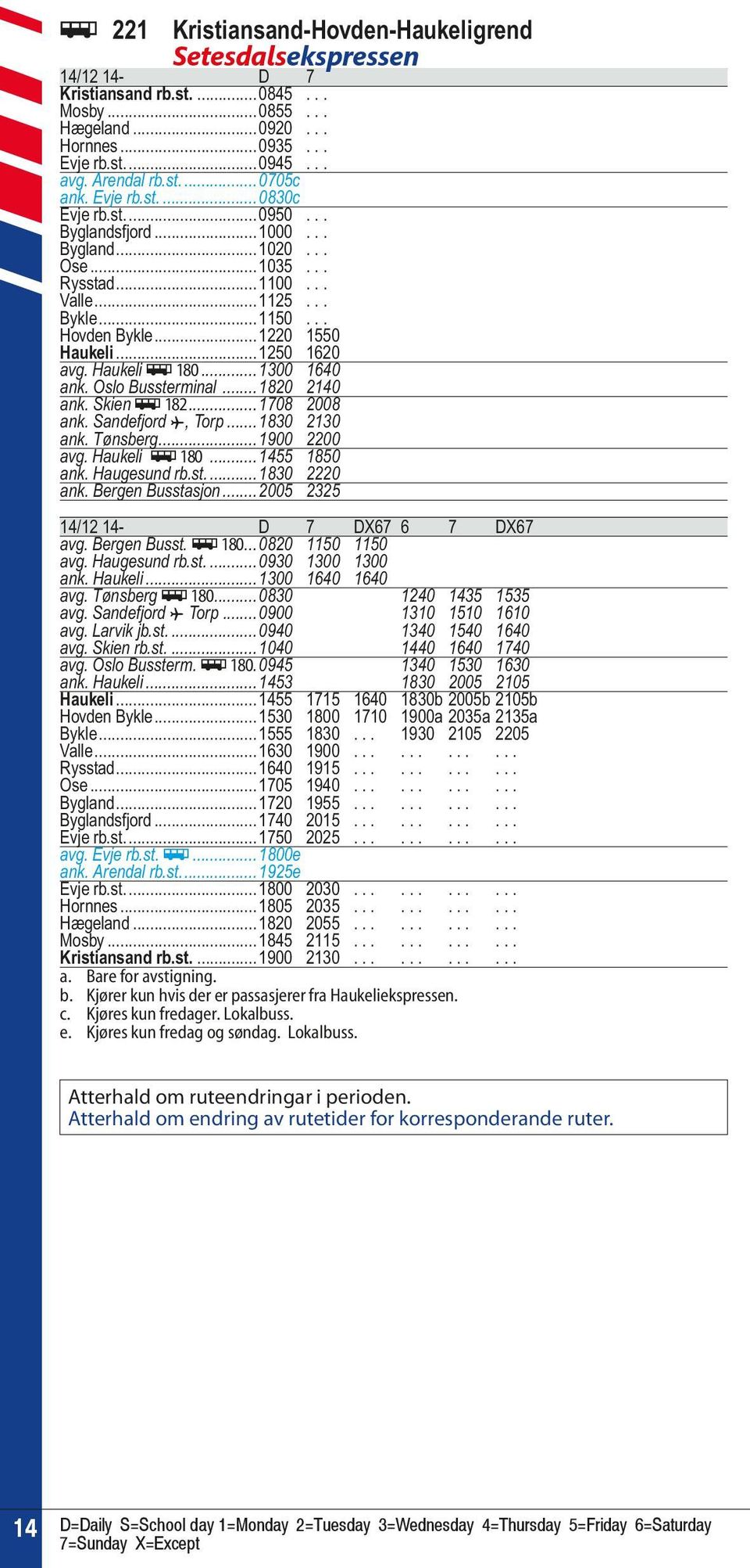 Haukeli ÿ 180...1300 1640 ank. Oslo Bussterminal...1820 2140 ank. Skien ÿ 182...1708 2008 ank. Sandefjord ƒ, Torp...1830 2130 ank. Tønsberg...1900 2200 avg. Haukeli ÿ 180...1455 1850 ank.