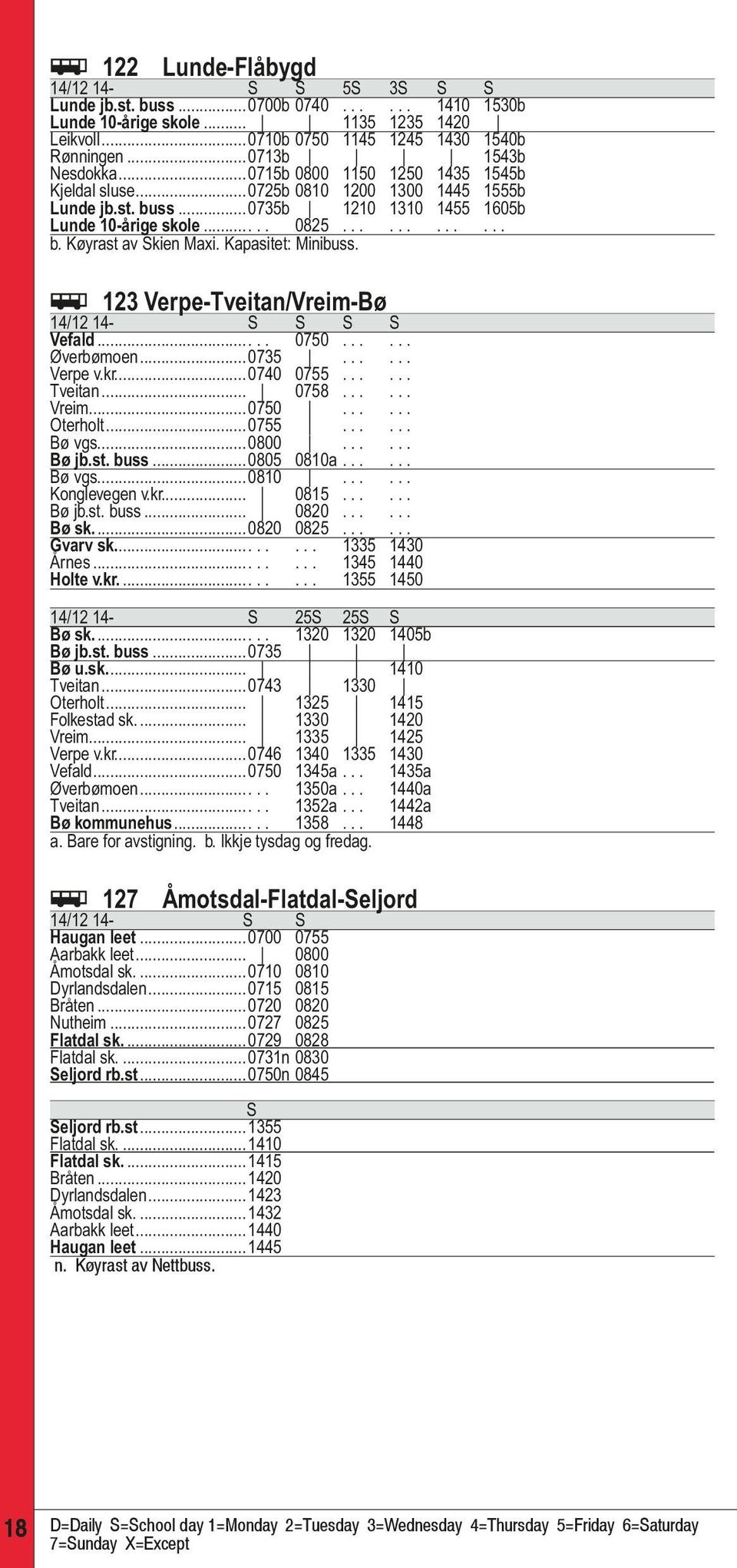 Kapasitet: Minibuss. ÿ 123 Verpe-Tveitan/Vreim-Bø 14/12 14- S S S S Vefald..... 0750...... Øverbømoen...0735...... Verpe v.kr...0740 0755...... Tveitan... 0758...... Vreim...0750...... Oterholt...0755...... Bø vgs.