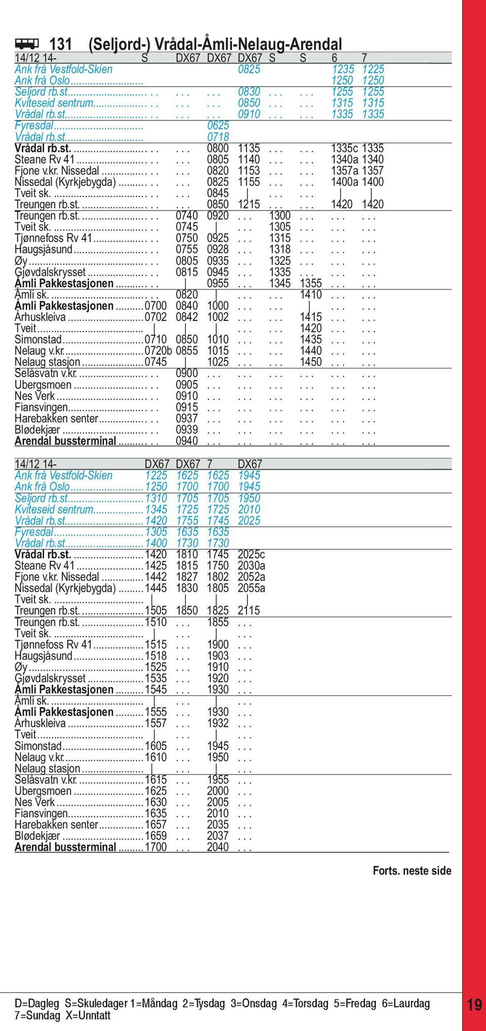 ..... 1335c 1335 Steane Rv 41........ 0805 1140...... 1340a 1340 Fjone v.kr. Nissedal........ 0820 1153...... 1357a 1357 Nissedal (Kyrkjebygda)........ 0825 1155...... 1400a 1400 Tveit sk........ 0845.