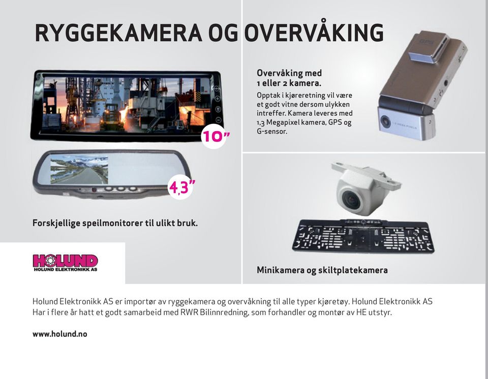 Kamera leveres med 1,3 Megapixel kamera, GPS og G-sensor. 4, 3 Forskjellige speilmonitorer til ulikt bruk.