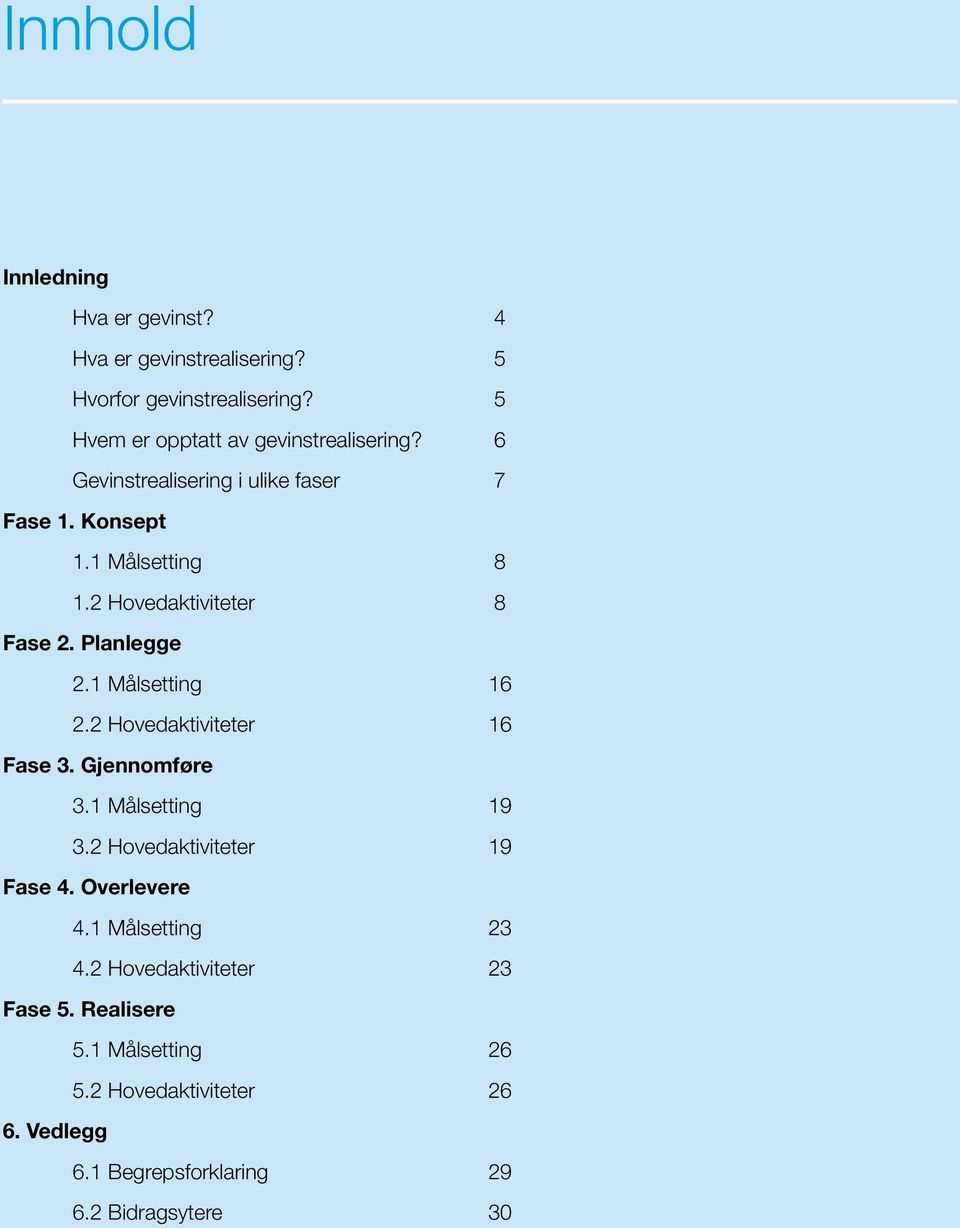 2 Hovedaktiviteter Fase 3. Gjennomføre 3.1 Målsetting 3.2 Hovedaktiviteter Fase 4. Overlevere 4.1 Målsetting 4.2 Hovedaktiviteter Fase 5.