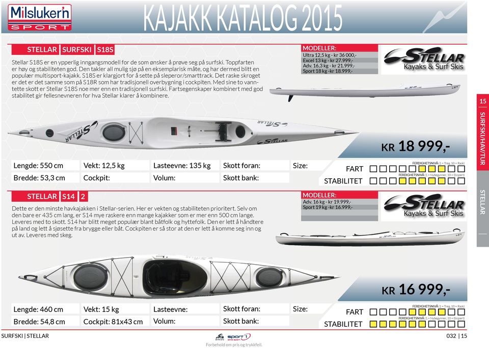 Det raske skroget er det er det samme som på S18R som har tradisjonell overbygning i cockpiten. Med sine to vanntette skott er Stellar S18S noe mer enn en tradisjonell surfski.