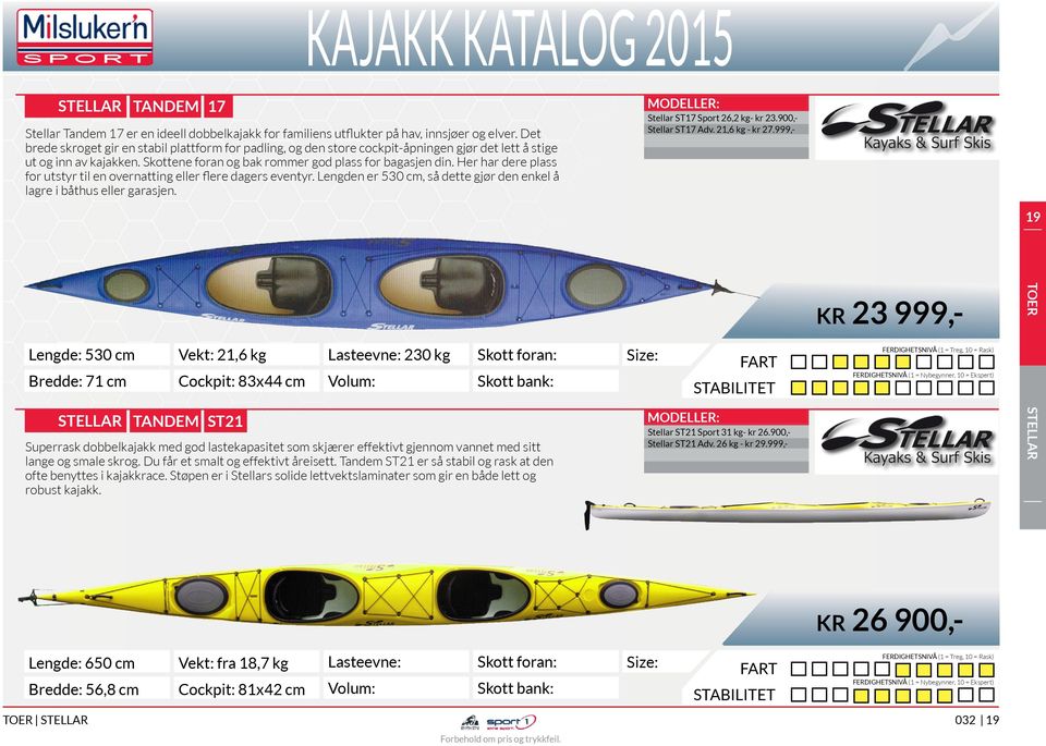 Her har dere plass for utstyr til en overnatting eller flere dagers eventyr. Lengden er 530 cm, så dette gjør den enkel å lagre i båthus eller garasjen. Stellar ST17 Sport 26,2 kg- kr 23.