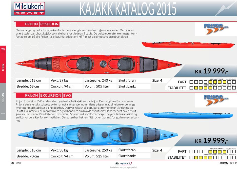 20 TOER kr 19 999,- Lengde: 518 cm Bredde: 68 cm Vekt: 39 kg Cockpit: 94 cm Lasteevne: 240 kg 505 liter 4 EXCURSION EVO Prijon Excursion EVO er den aller nyeste dobbelkajakken fra Prijon.
