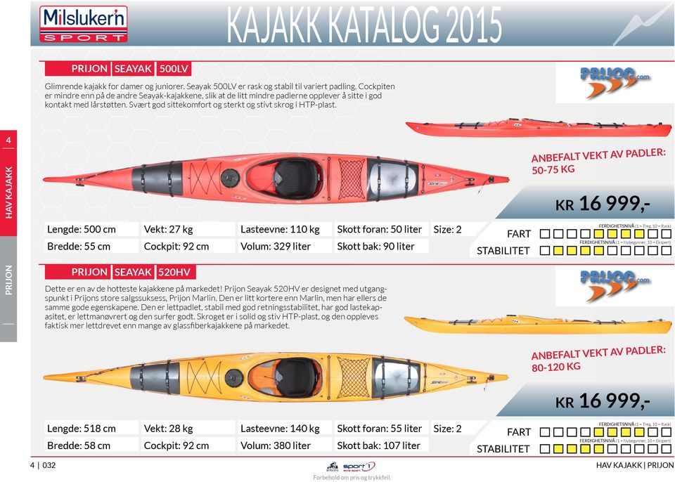 4 HAV KAJAKK ANBEFALT VEKT AV PADLER: 50-75 KG kr 16 15 999,- Lengde: 500 cm Bredde: 55 cm Vekt: 27 kg Cockpit: 92 cm Lasteevne: 110 kg 329 liter 50 liter Skott bak: 90 liter 2 SEAYAK 520HV Dette er