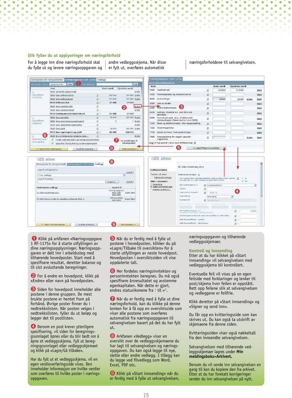 Næringsoppgaven er delt inn i arbeidssteg med tilhørende hovedposter. Start med å spesifisere resultat, deretter balanse og til sist avsluttende beregninger.