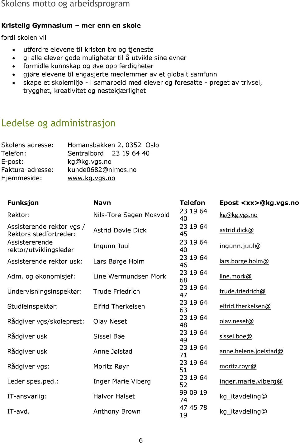 nestekjærlighet Ledelse og administrasjon Skolens adresse: Homansbakken 2, 0352 Oslo Telefon: Sentralbord 23 19 64 40 E-post: kg@kg.vgs.no Faktura-adresse: kunde0682@nlmos.no Hjemmeside: www.kg.vgs.no Funksjon Navn Telefon Epost <xx>@kg.