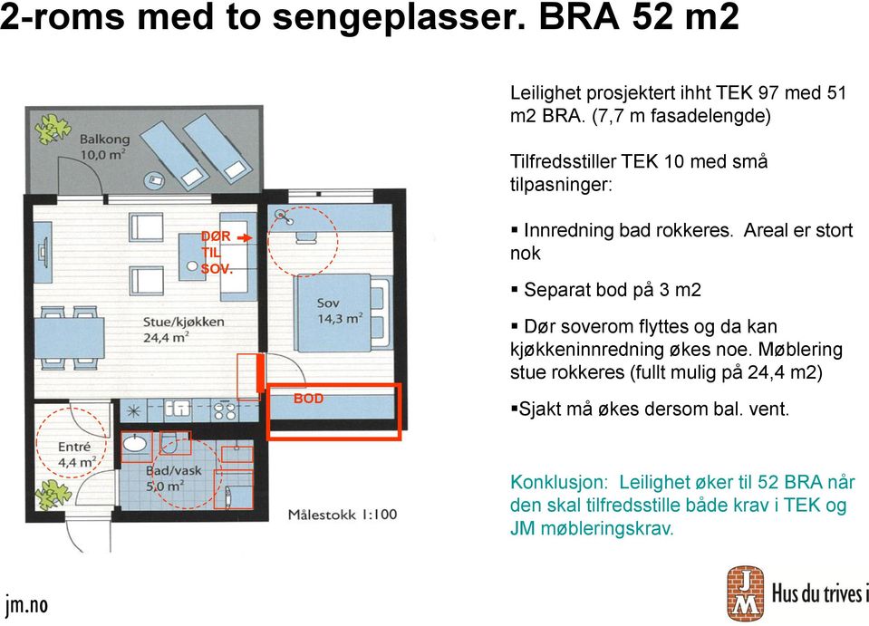 Areal er stort nok Separat bod på 3 m2 BOD Dør soverom flyttes og da kan kjøkkeninnredning økes noe.