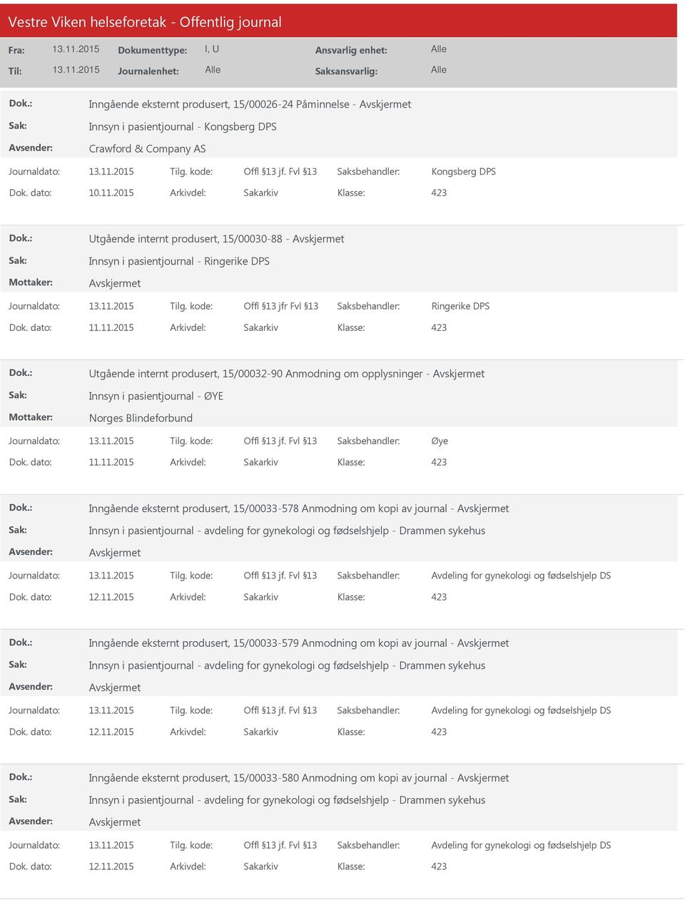 opplysninger - Innsyn i pasientjournal - ØYE Norges Blindeforbund Øye Inngående eksternt produsert, 15/00033-578 Anmodning om kopi av journal - Innsyn i pasientjournal - avdeling for gynekologi og